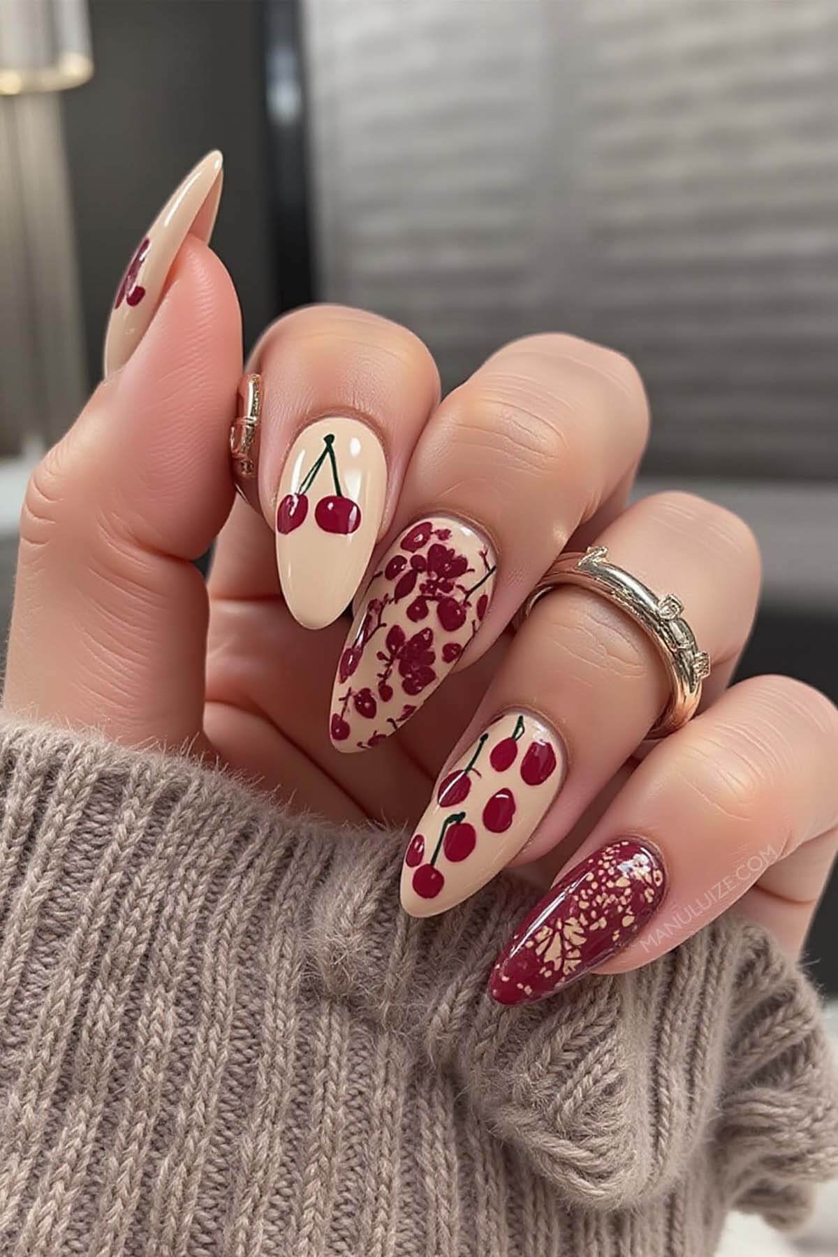 Nude cherry nail art