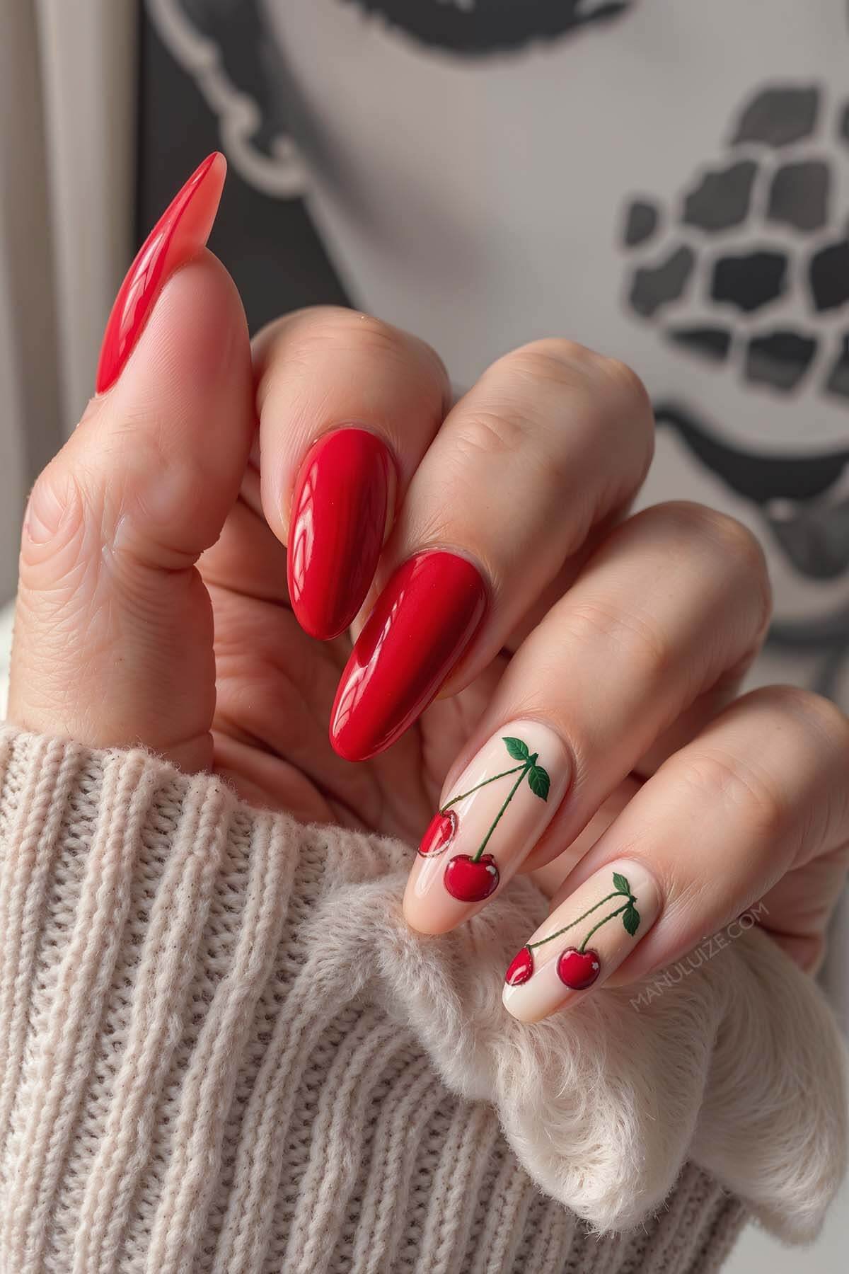 Red and nude cherry nails