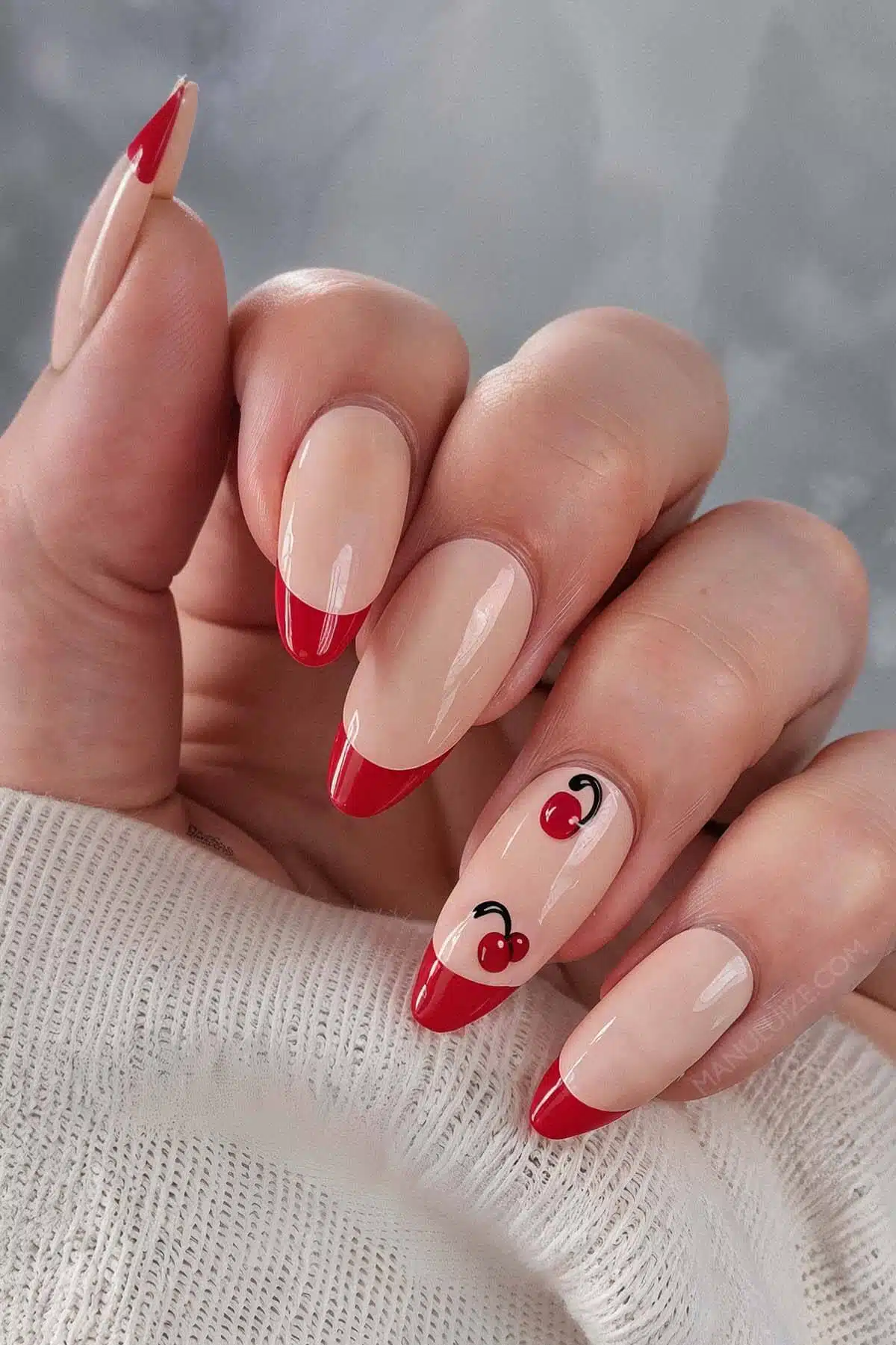 Nude and red french cherry nails
