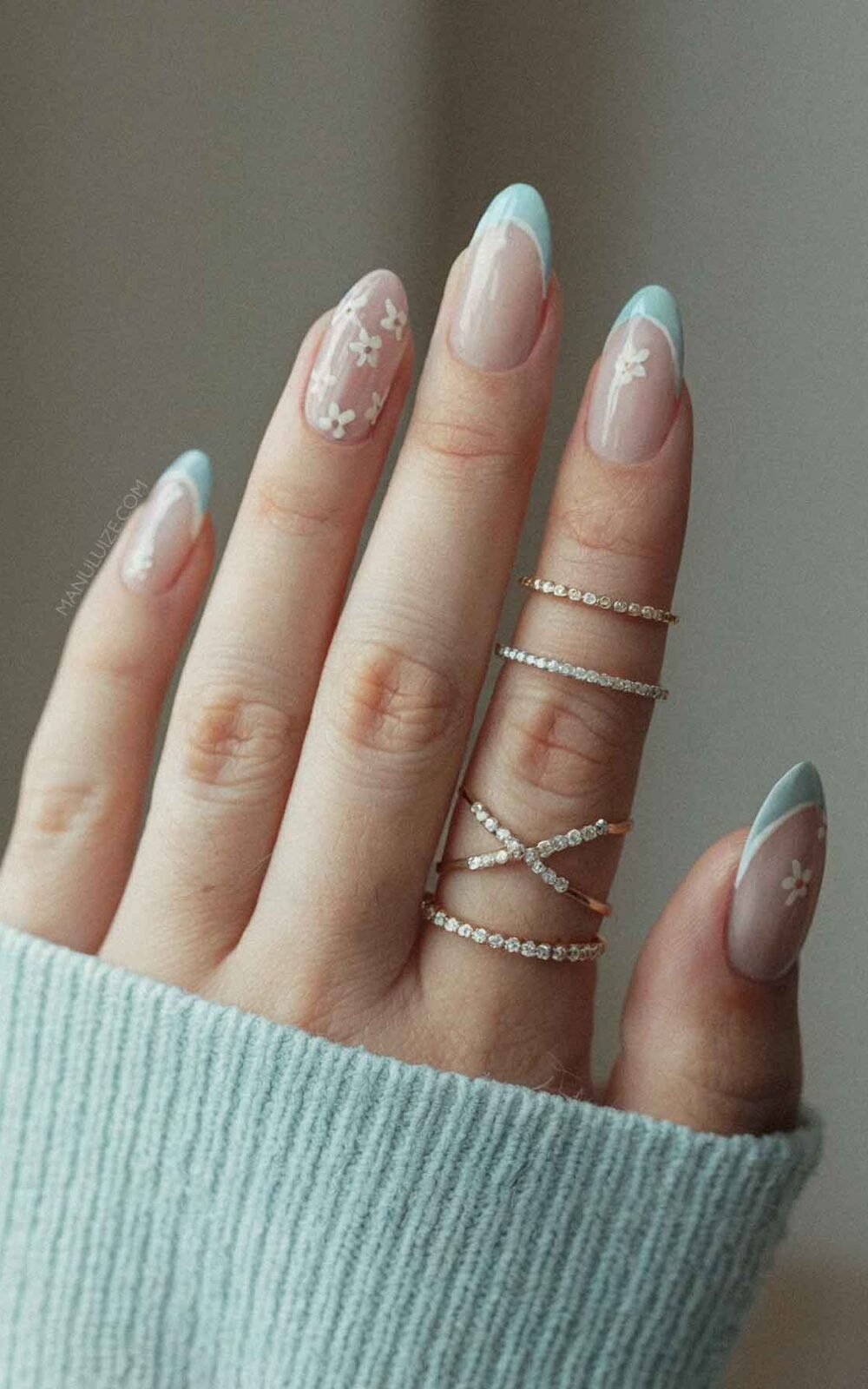 Cute baby blue french floral tips Cute baby blue french floral tips