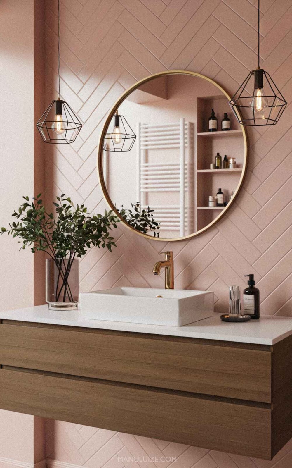 Modern light pink bathroom with a floating vanity Modern light pink bathroom with a floating vanity