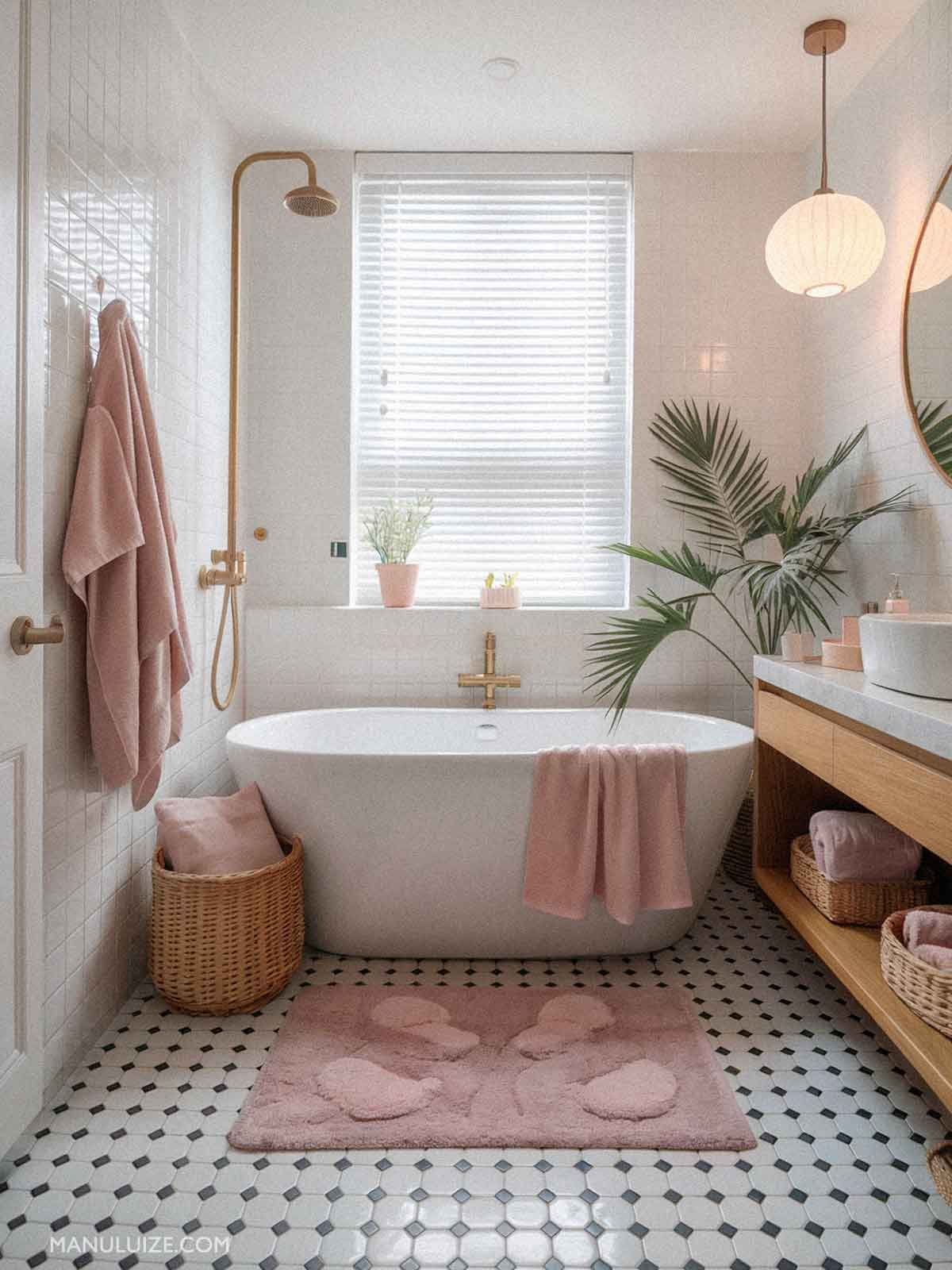 Modern white bathroom with pink details Modern white bathroom with pink details
