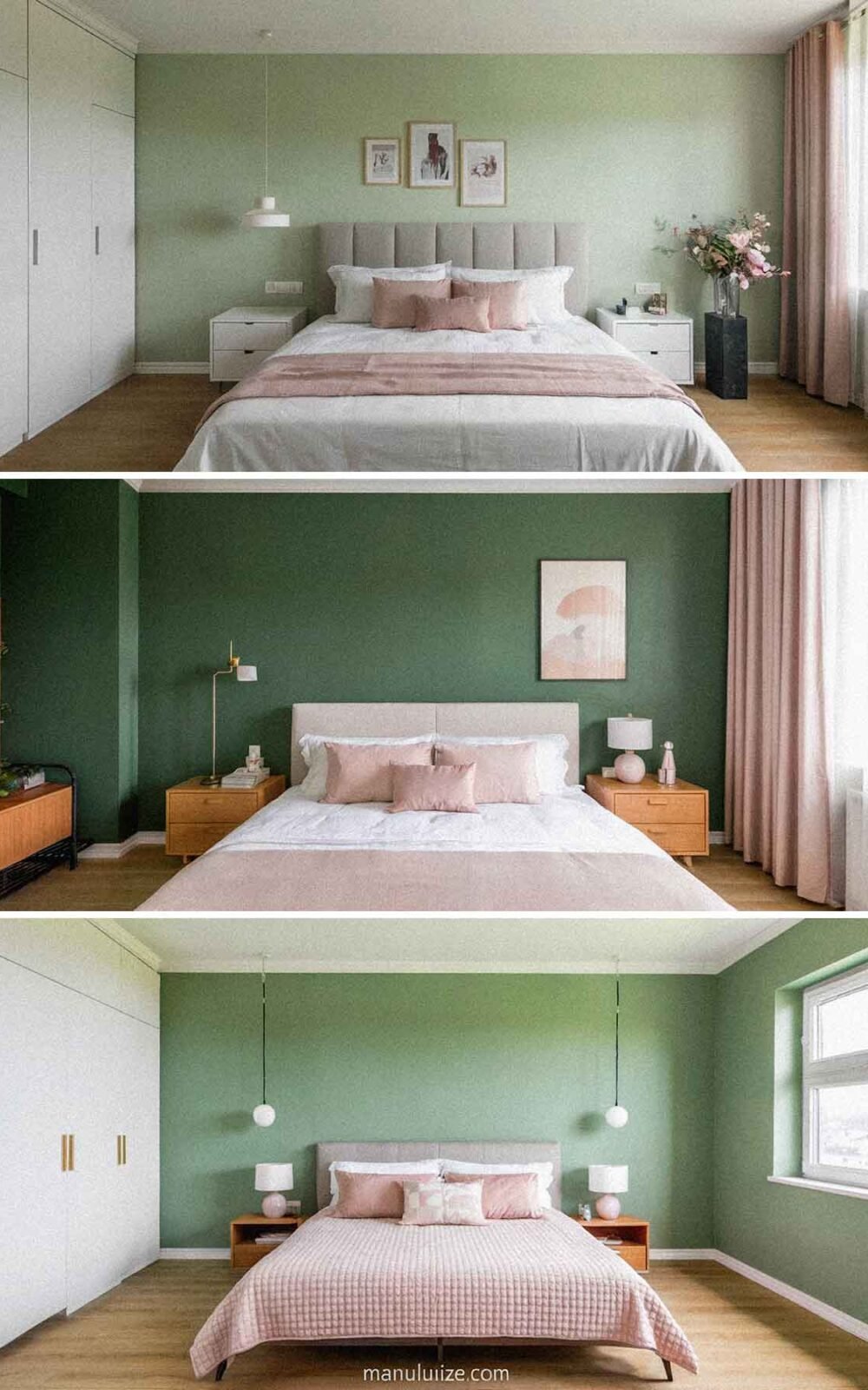 green wall and pink bedroom