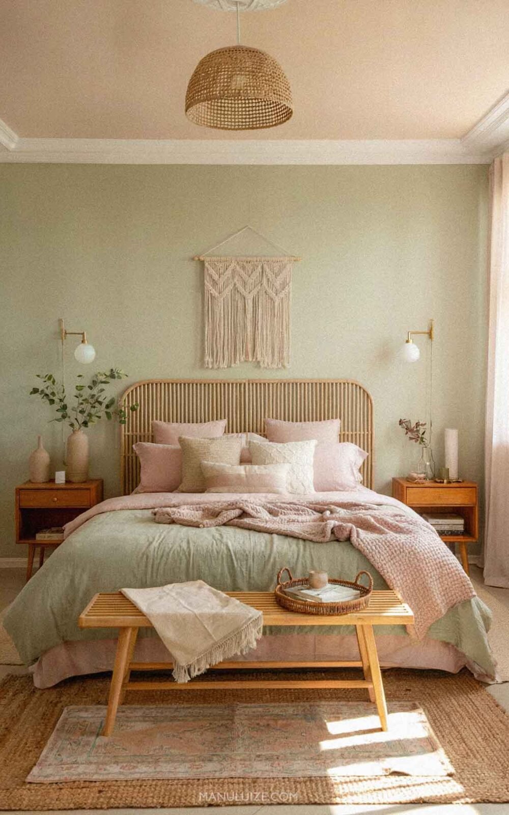 Sage green and pink bedroom interior