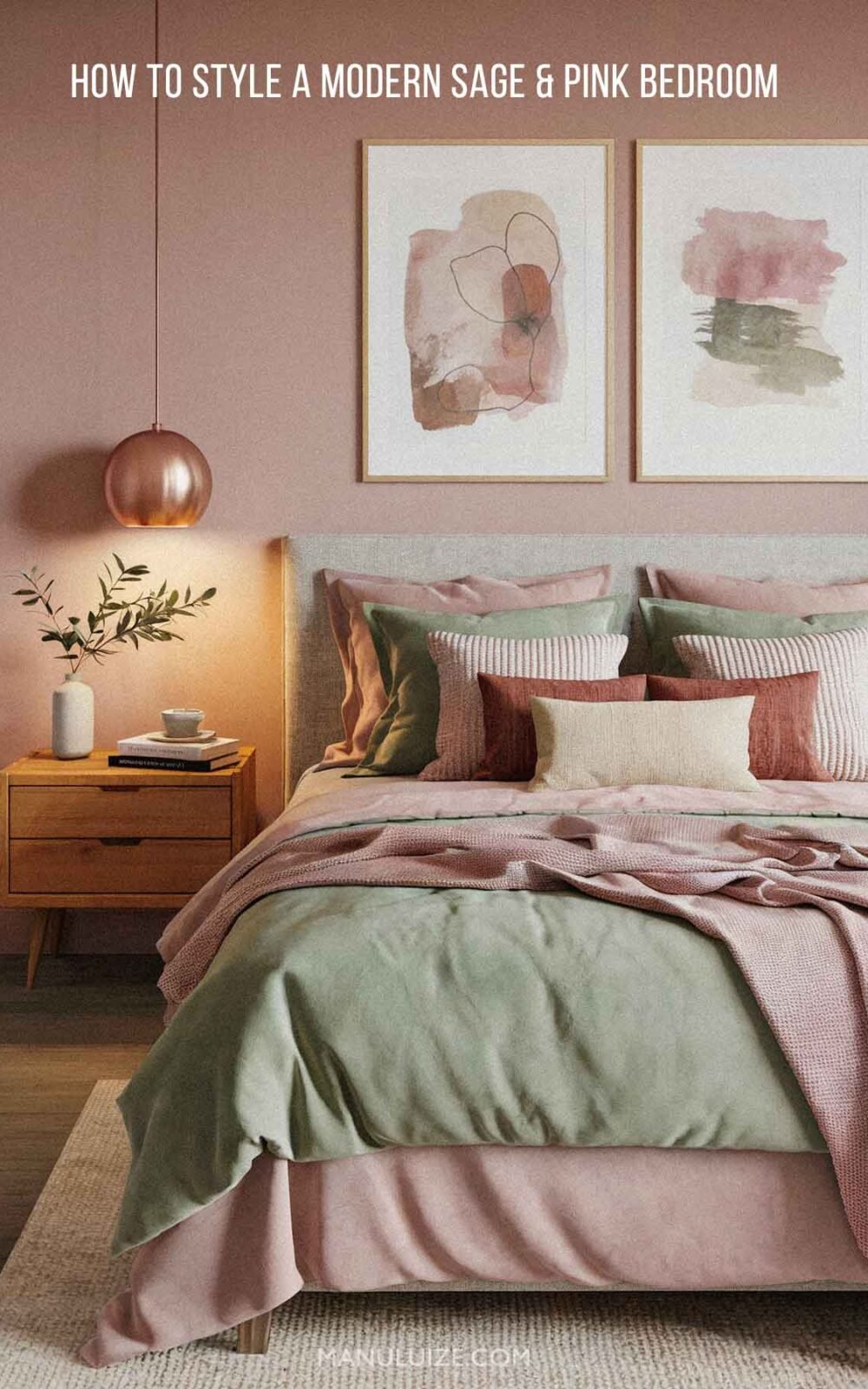Style a modern sage green and pink bedroom Style a modern sage green and pink bedroom