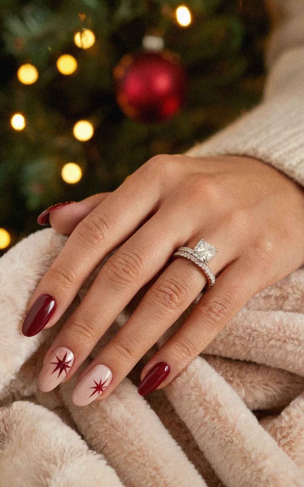 Burgundy and nude stars nail art