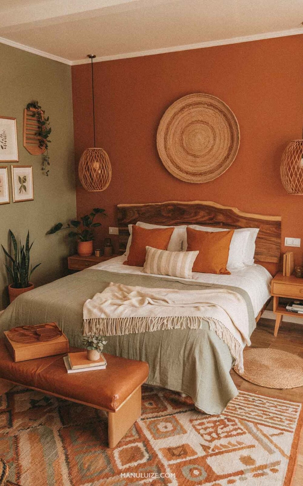 Green and rust bedroom decor