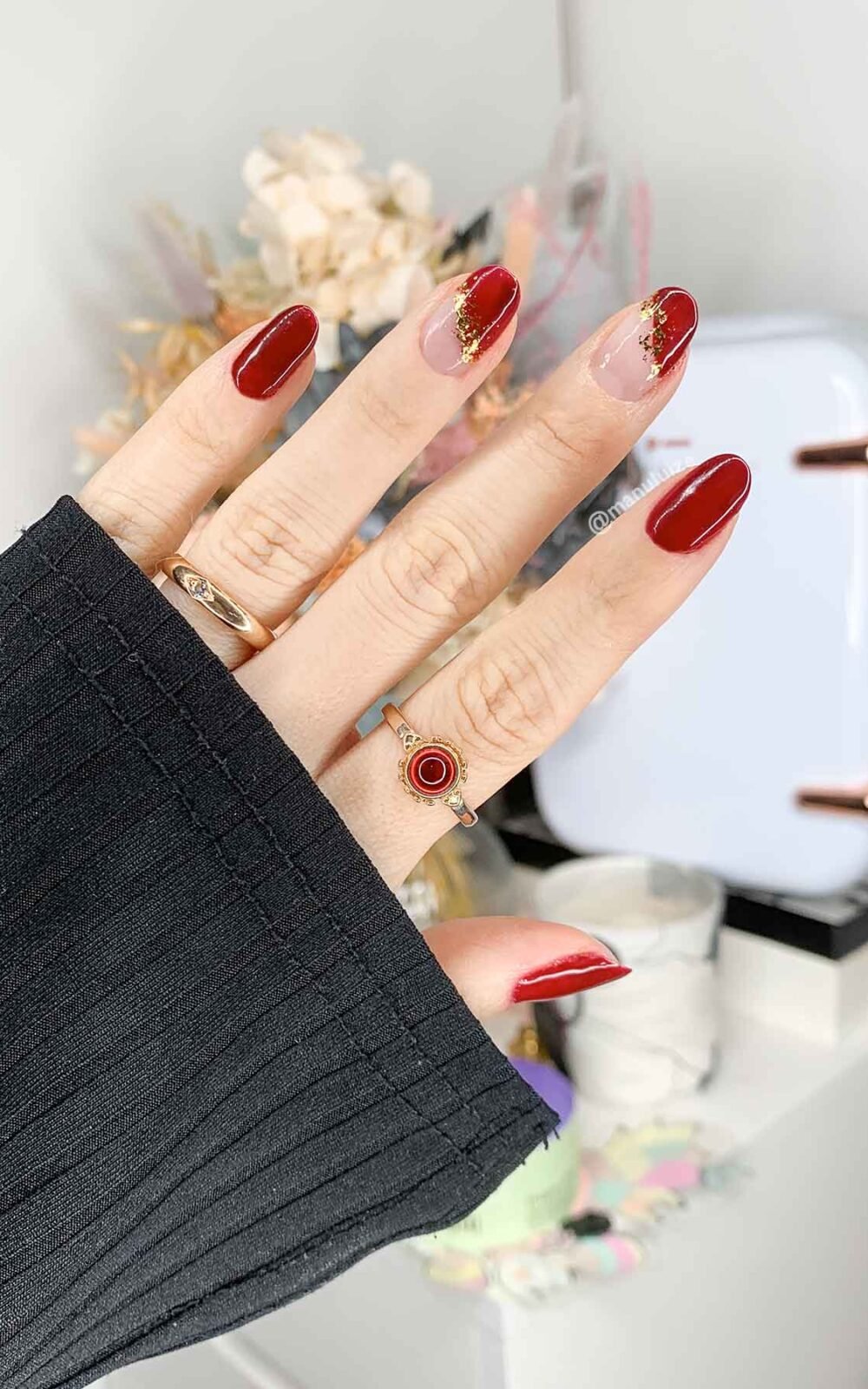 Nude, burgundy and gold foil nail design