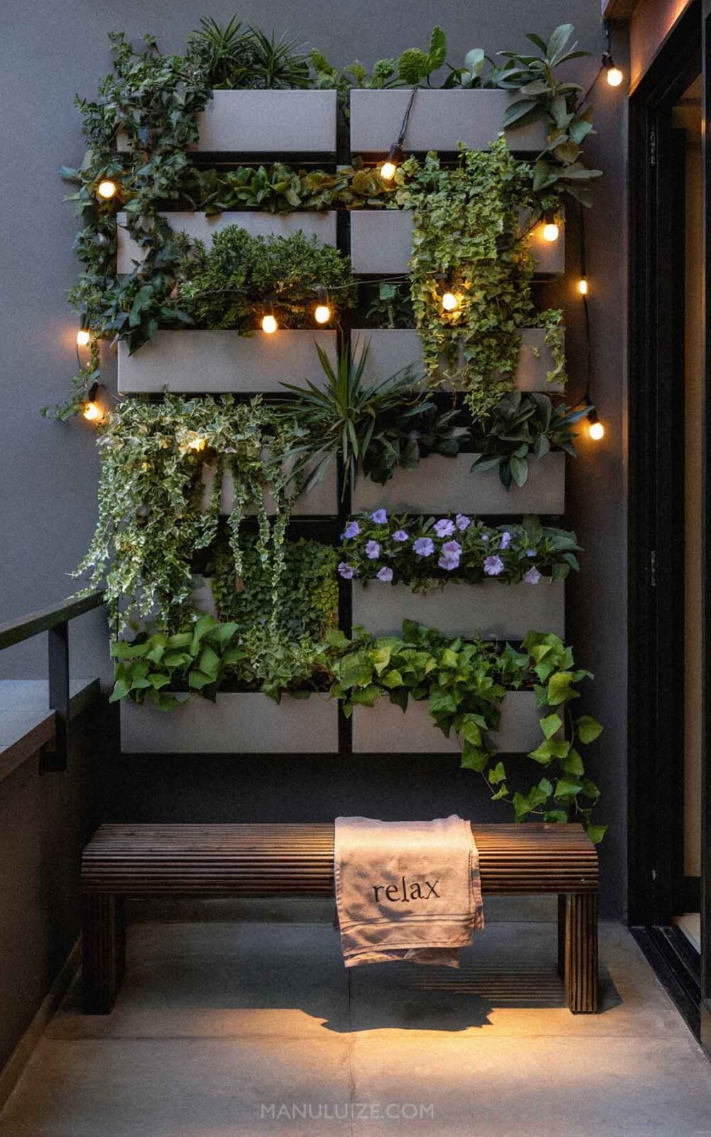 Small balcony with vertical garden fairy lights