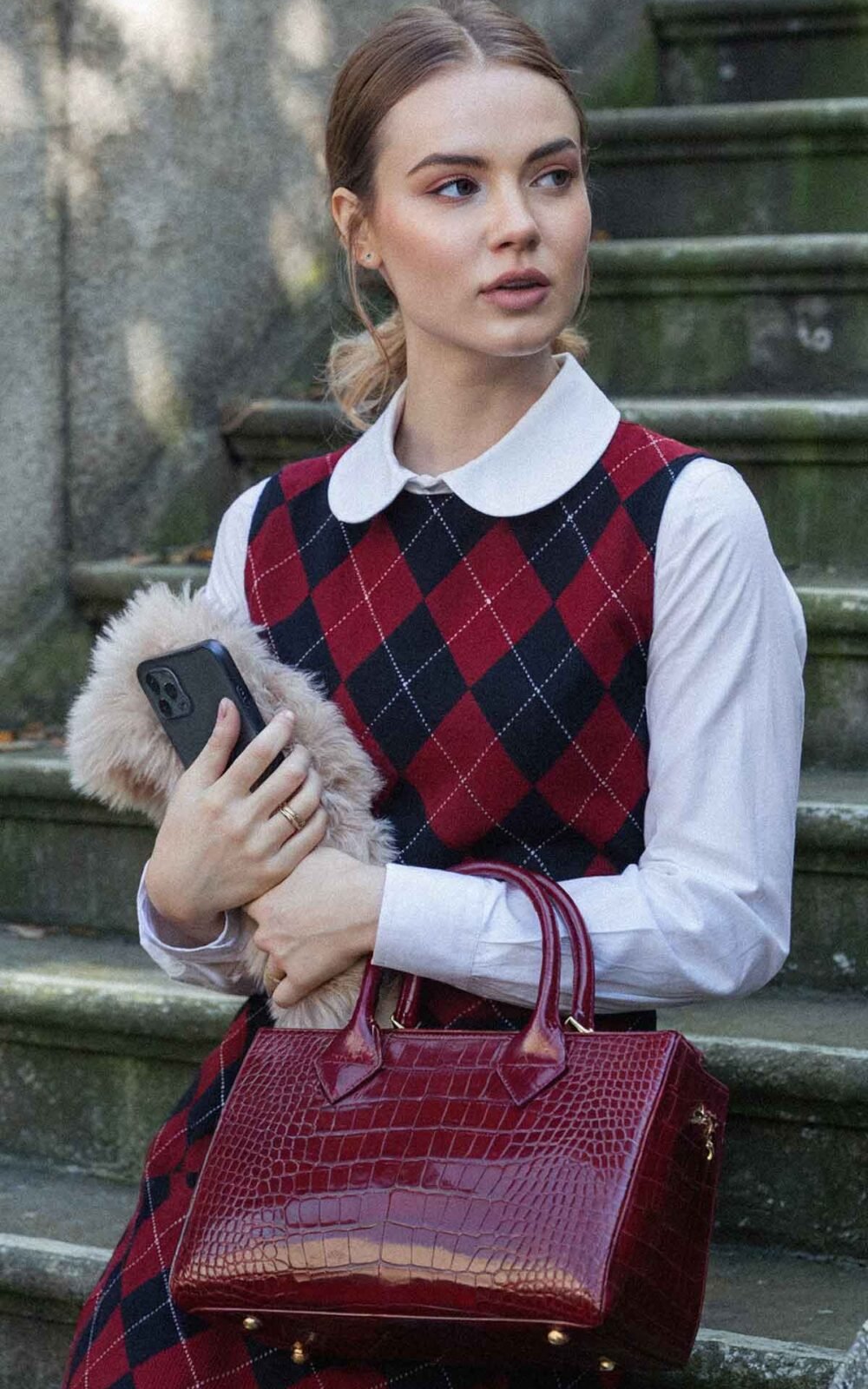 Argyle print burgundy dress outfit