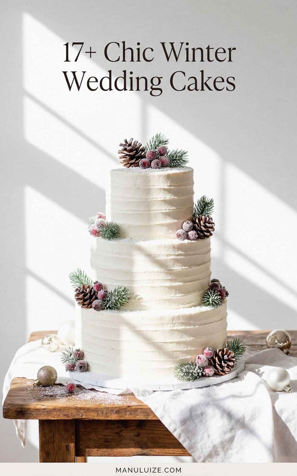 17 Chic winter wedding cake with pine decor 17 Chic winter wedding cake with pine decor