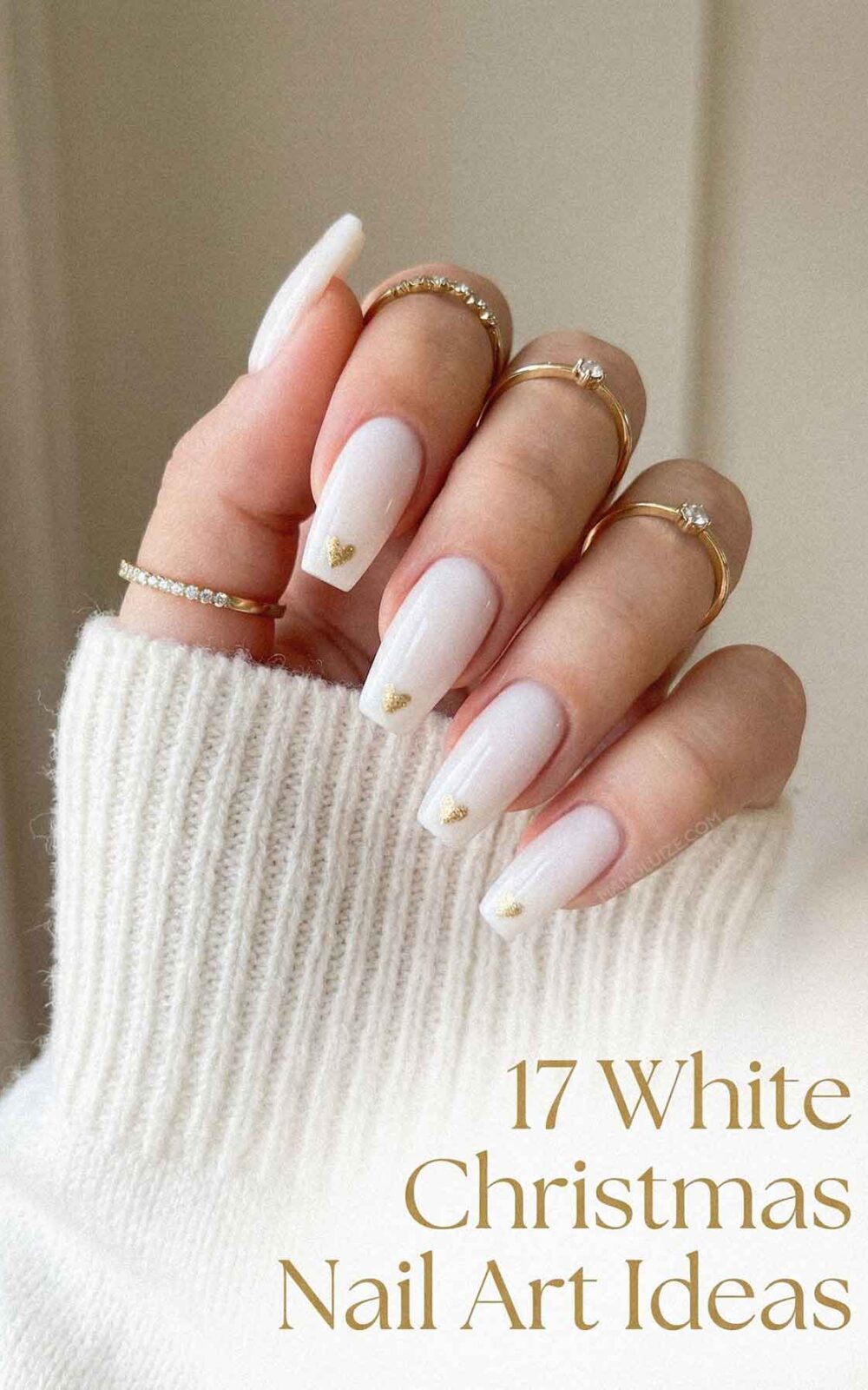 Milky white coffin nails with gold hearts Milky white coffin nails with gold hearts