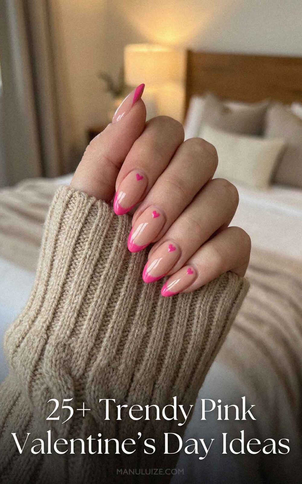 Hot pink french manicure with hearts