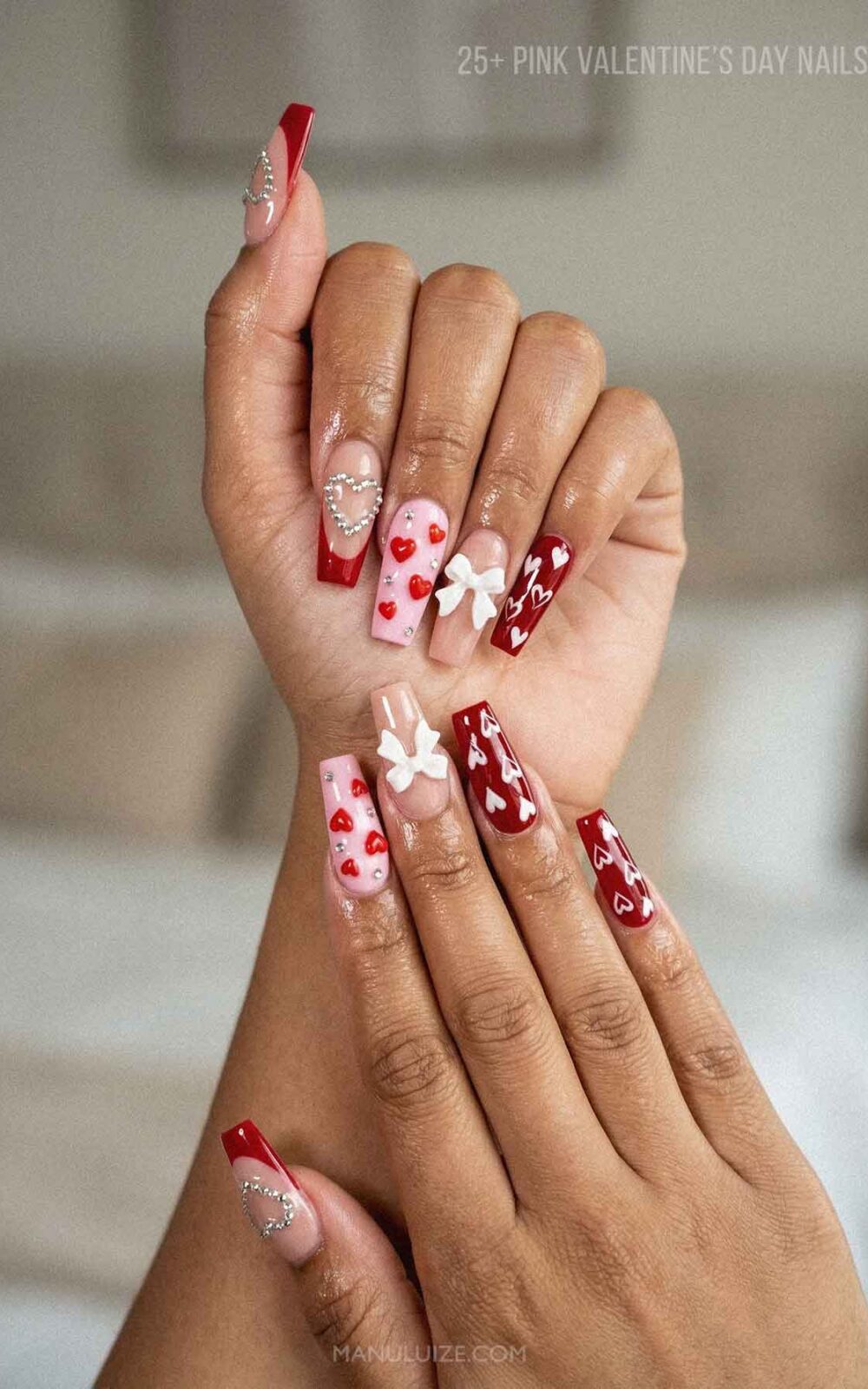 Long acrylic Valentine's day nail art