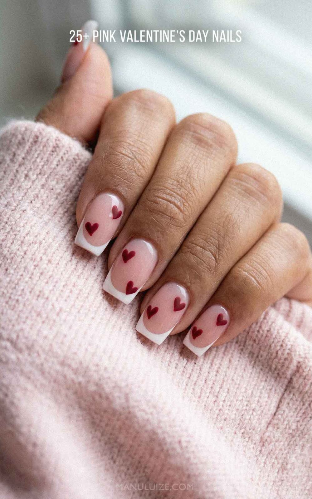 Short french manicure with hearts