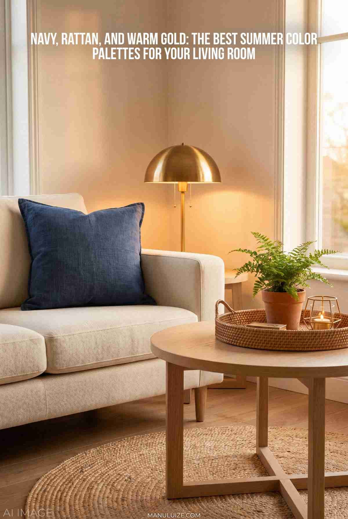 Navy, Rattan, and Warm Gold modern living room decor
