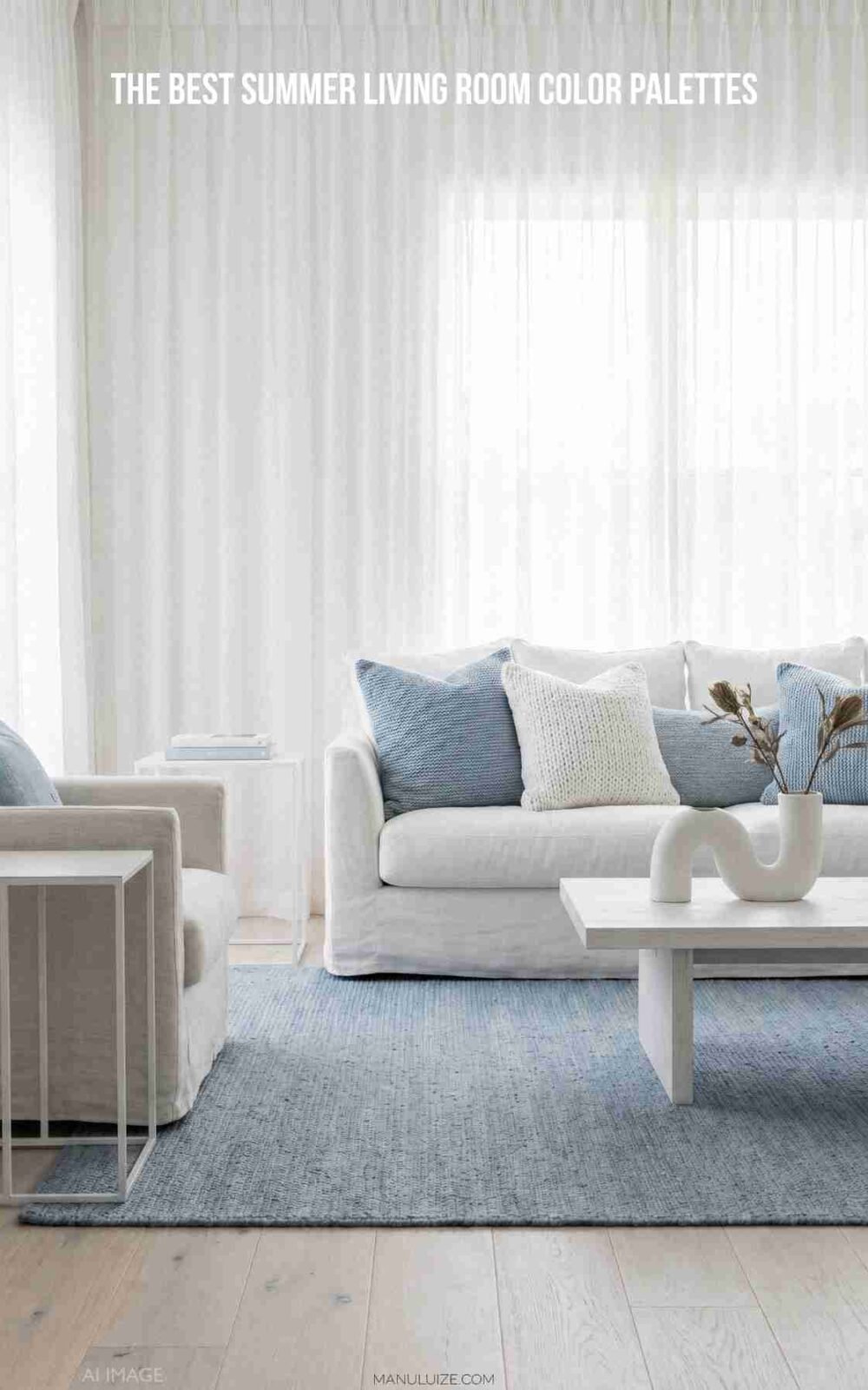 White and soft blue modern living room decor